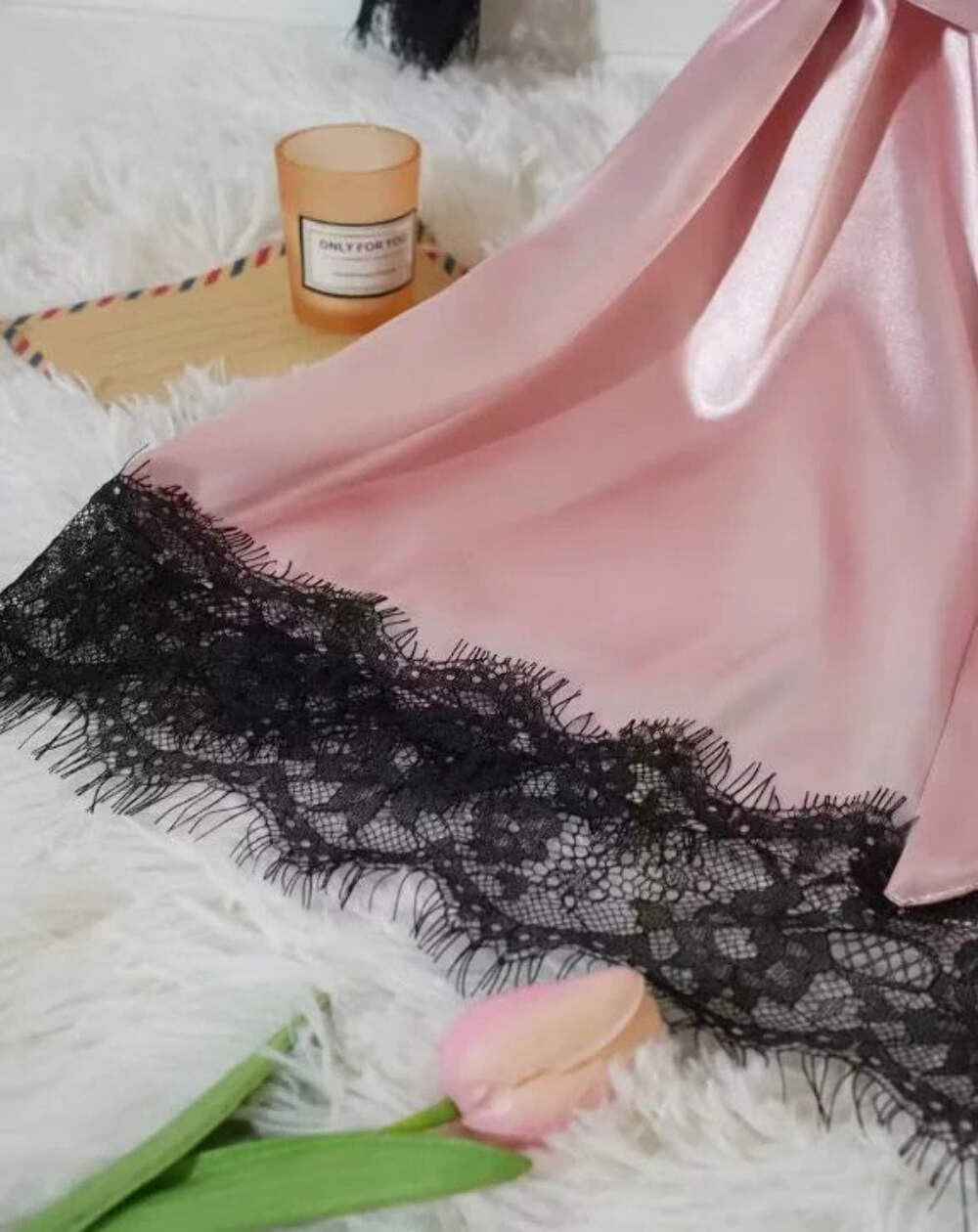 Silky feel baby pink satin black lace trim 4 piece lingerie set size 10 (M)