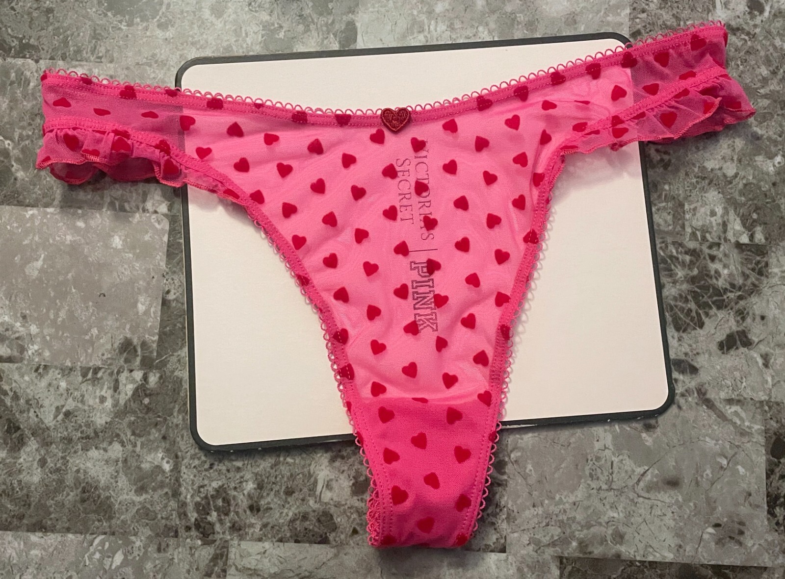 NWT VICTORIA’S SECRET TEASE MESH VELVET HEART RUFFLE RED LACE UP THONG PANTIES