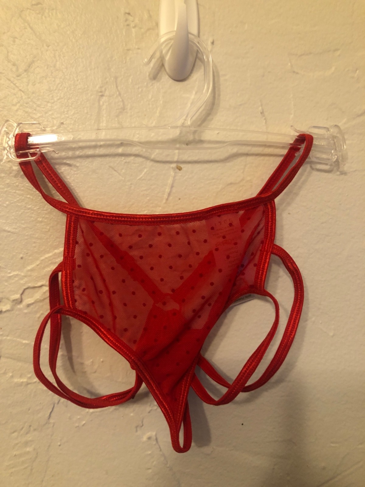 NEW Baci Strappy Red Thong Panties One Size Fits Some Mesh Polka Dot