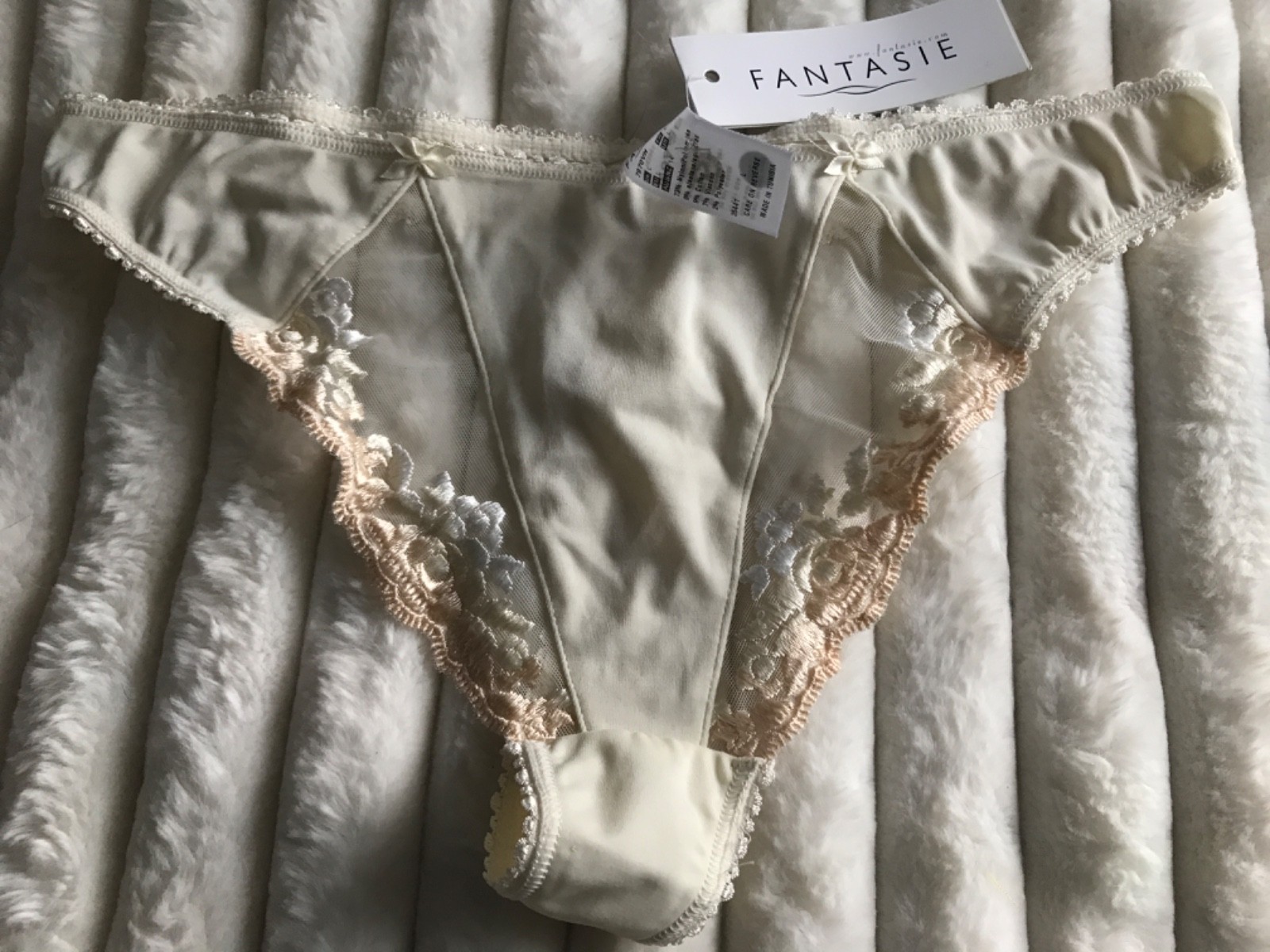 Fantasie ivory high leg lace thong new uk L semi sheer NEW
