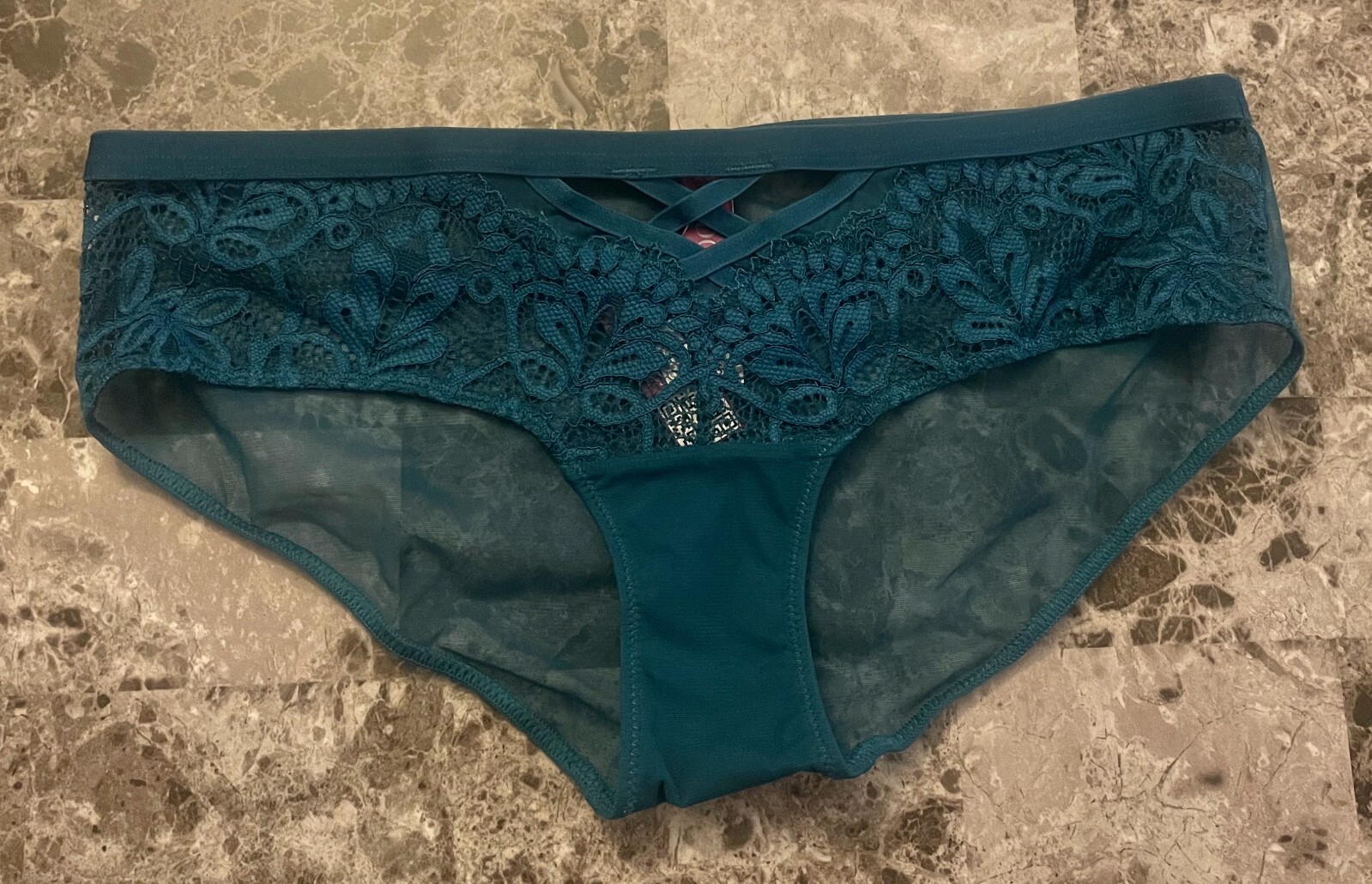 NWT ADORE ME SMALL TURQUOISE BLUE FLORAL LACE MESH STRAPPY HIPHUGGER PANTIES