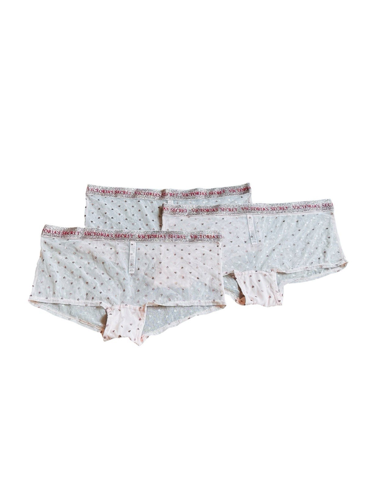(3) Victoria’s Secret Shortie Boyshorts Pink Mesh Glittery Hearts Logo Size L