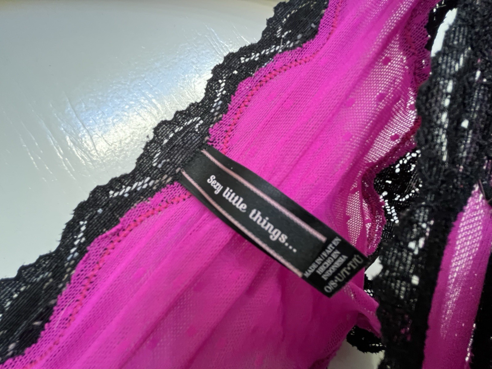 VICTORIA SECRET SEXY LITTLE THING BLACK LACE MESH PINK THONG SOFT STRETCH PANTIE