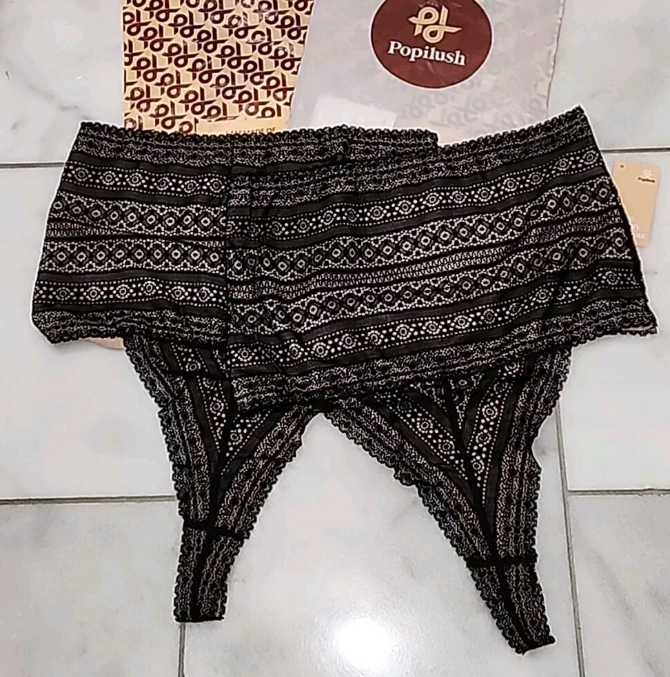 2- Popilush Shapewear Panties High-waisted Underwear Lace Thong Black (3XL)