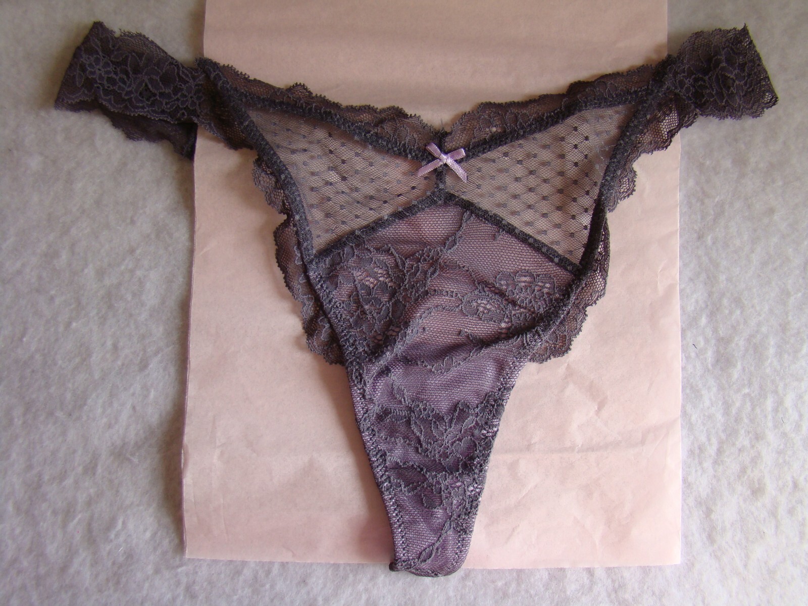 New Victoria’s Secret Purple Floral Mesh Lace Ribbon Thong String Panties Size M