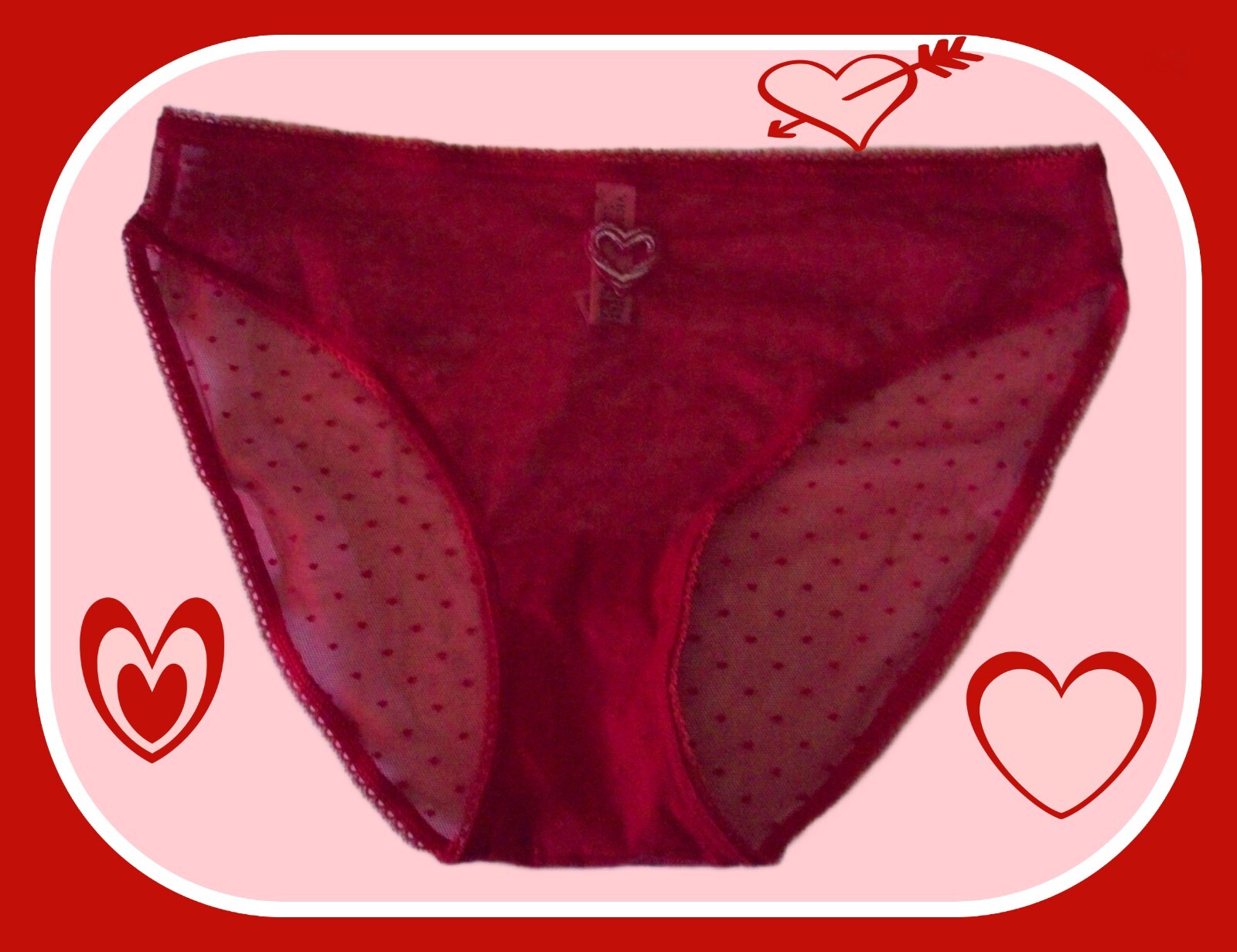 S All Bold Red Polka Dot Mesh w Heart Stretch Victoria’s Secret BIKINI Panty