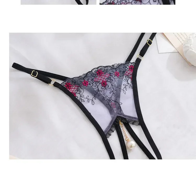 Pearl Pendant Crotchless Open Thongs Women Lace Transparent Embroidery G String