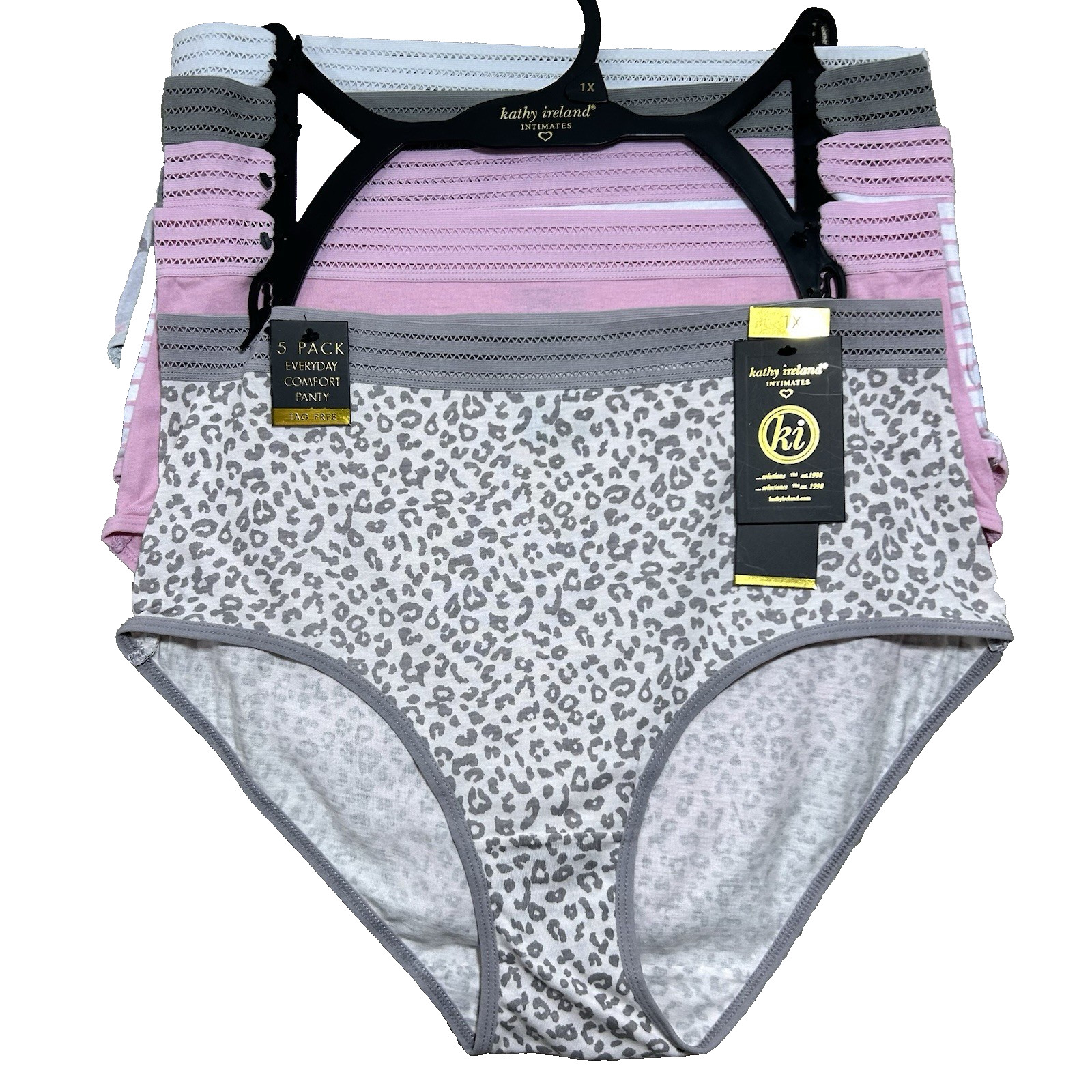 Kathy Ireland 5 Pack Everyday Comfort Panty Women 1X Cotton Gray Pink 5PKBF1246