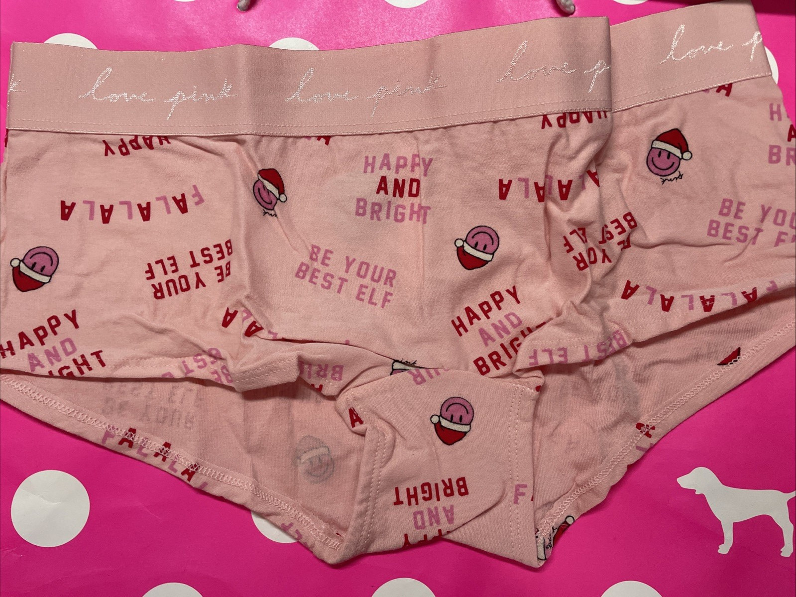 2021 Victorias Secret PINK Wide Logo Band Low Rise Boyshort Panties L Happy Elf