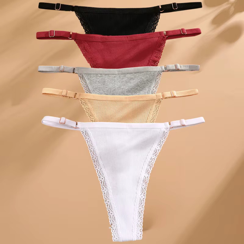 5 Cotton Panties G-String Women’s T-Back Lingerie Briefs Adjustable Waist Thong