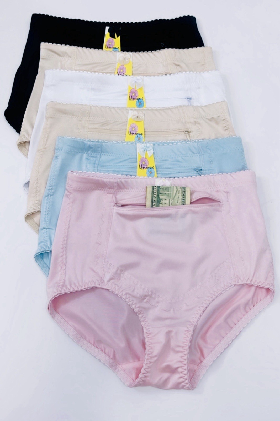 6 HIGH WAIST BRIEFS GIRDLES PANTIES TUMMY CONTROL ZIPPER TRAVEL SAFE POCKET Sz L