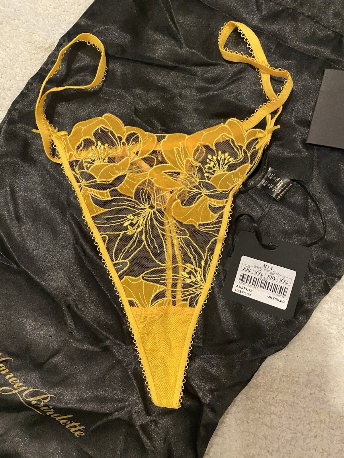 NWT Honey Birdette MIA Yellow Floral Lace Garter Thong Set Size XXL