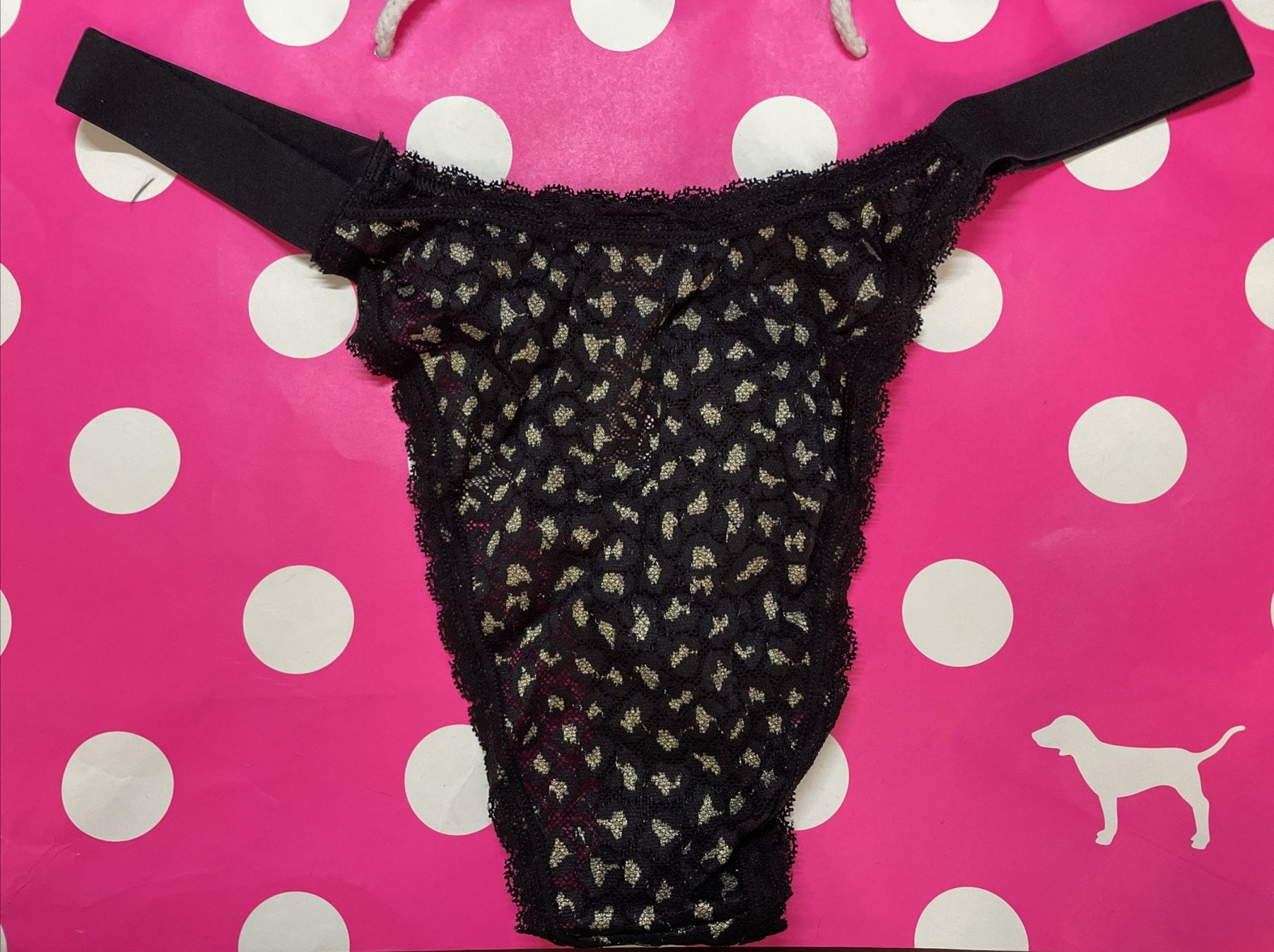 2021 Victorias Secret Lace String Brazilian Panties L Sheer Black Gold Hi Leg