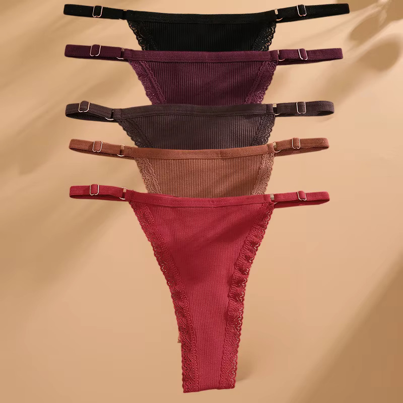 5 Cotton Panties G-String Women’s T-Back Lingerie Briefs Adjustable Waist Thong