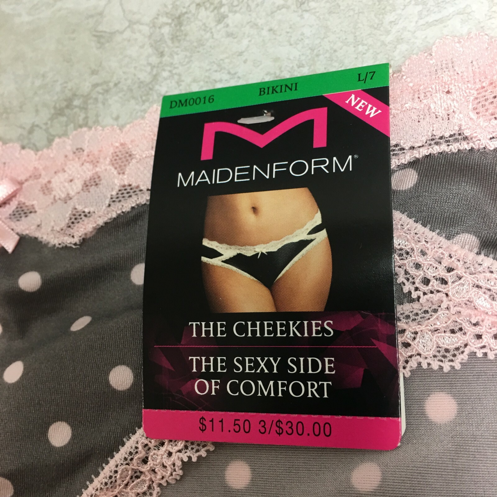 Maidenform Women’s Micro Cheekini with Lace, Gray/Pink Polka Dot, Size L/7, NWT