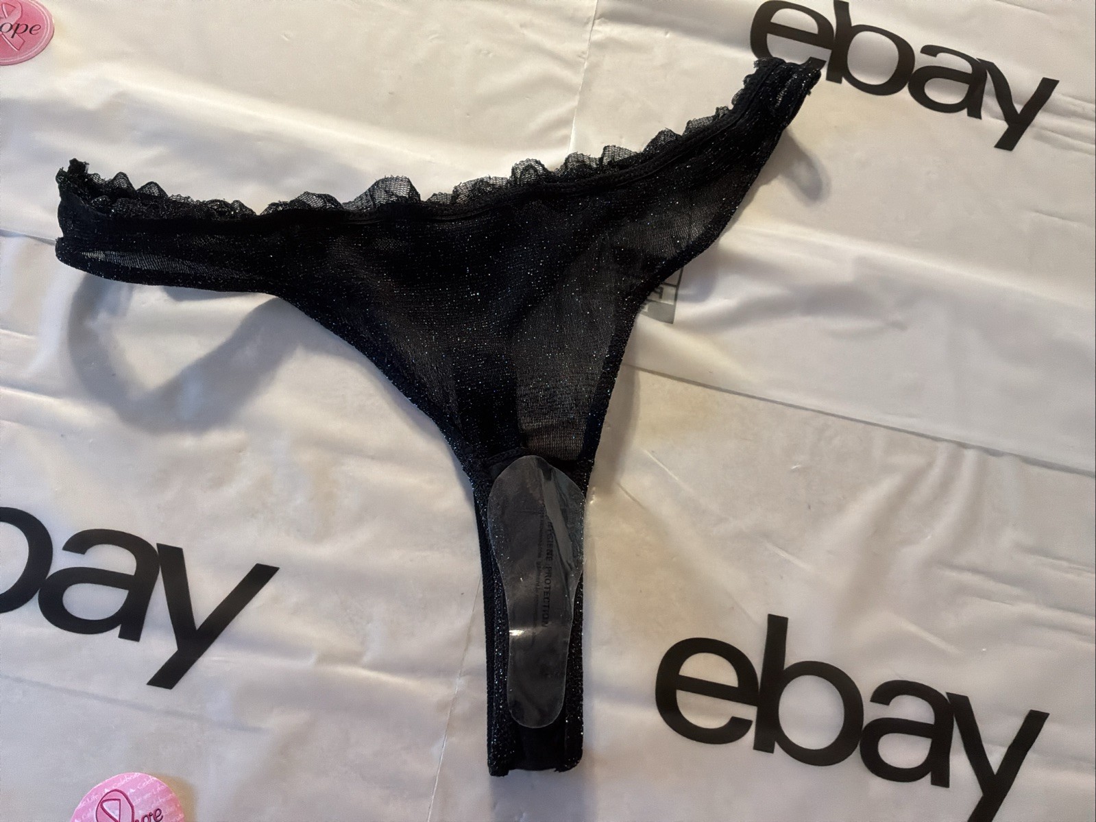Black Sparkle Lingerie Pretty Little Things Thong Tanga Panty – RN#167448 NEW