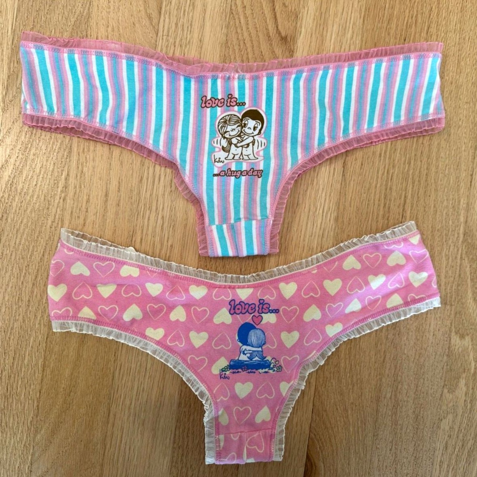 Vintage Y2K Love Is Kim Casali Panties Set Lot of 2 Striped Heart Pink Blue sz S