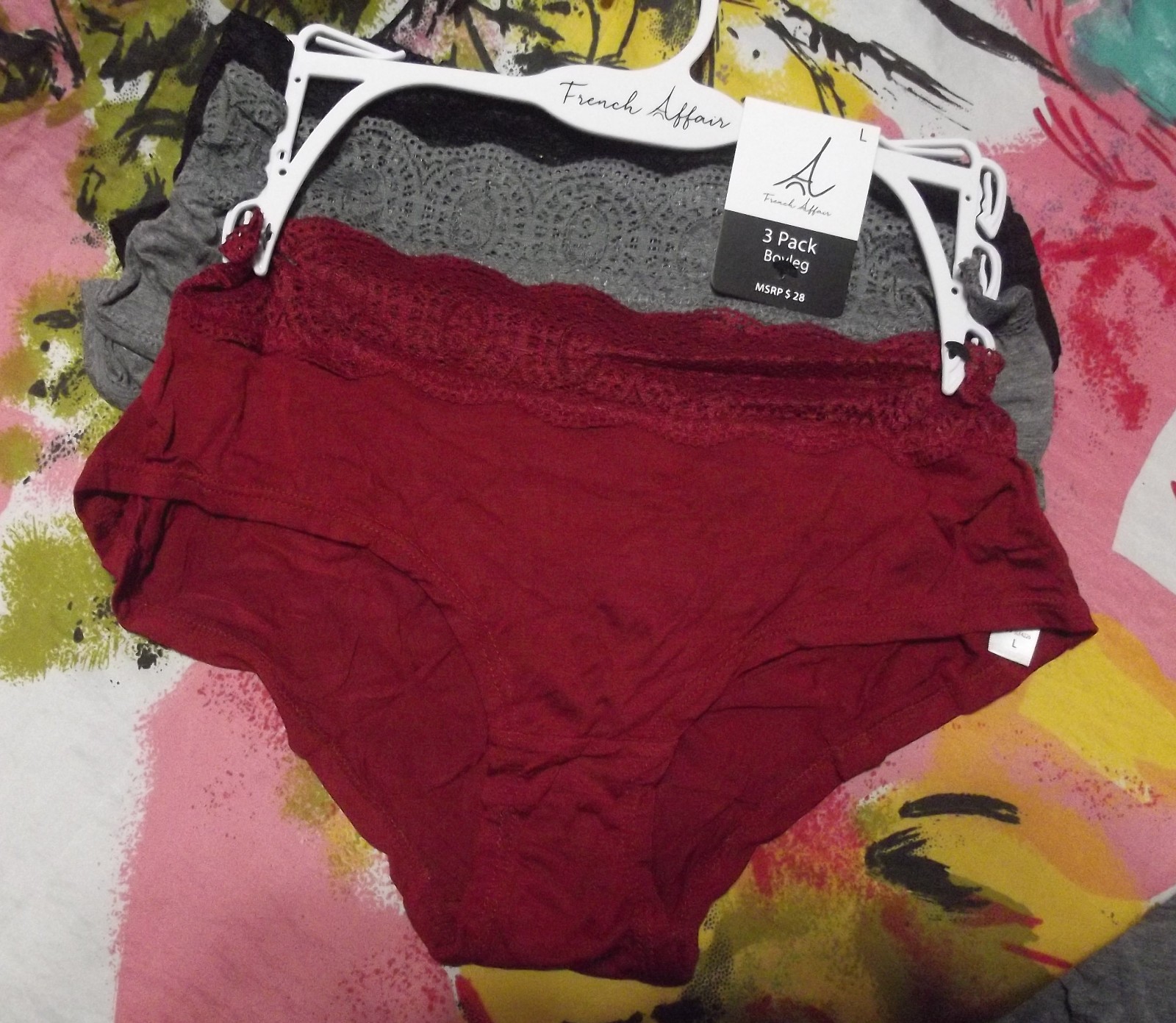 3 NEW FRENCH AFFAIR 3LF4226-D RED DAHLIA COTTON LACE WAIST BOYLEG PANTIES L