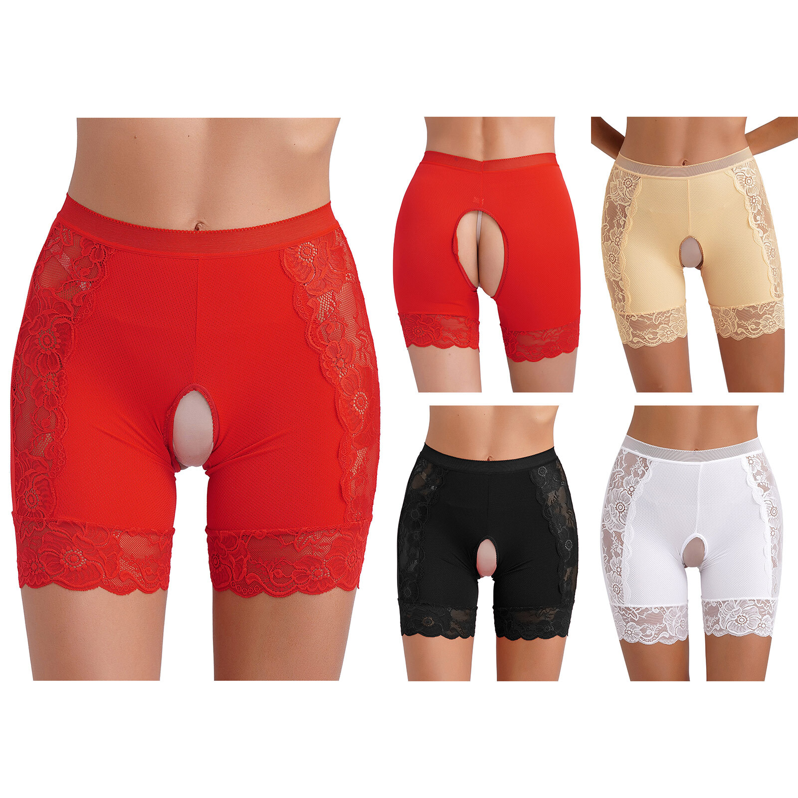 US Womens Boyshorts High Waist Underwear Nightclub Shorts Lace Panty Crotchless