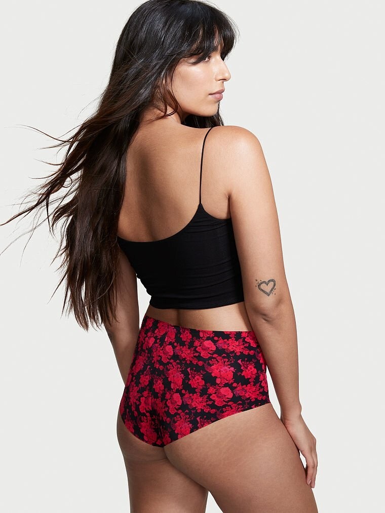 XL Black Red Floral NO SHOW Edges Victorias Secret High Waist Midi Brief Pantie