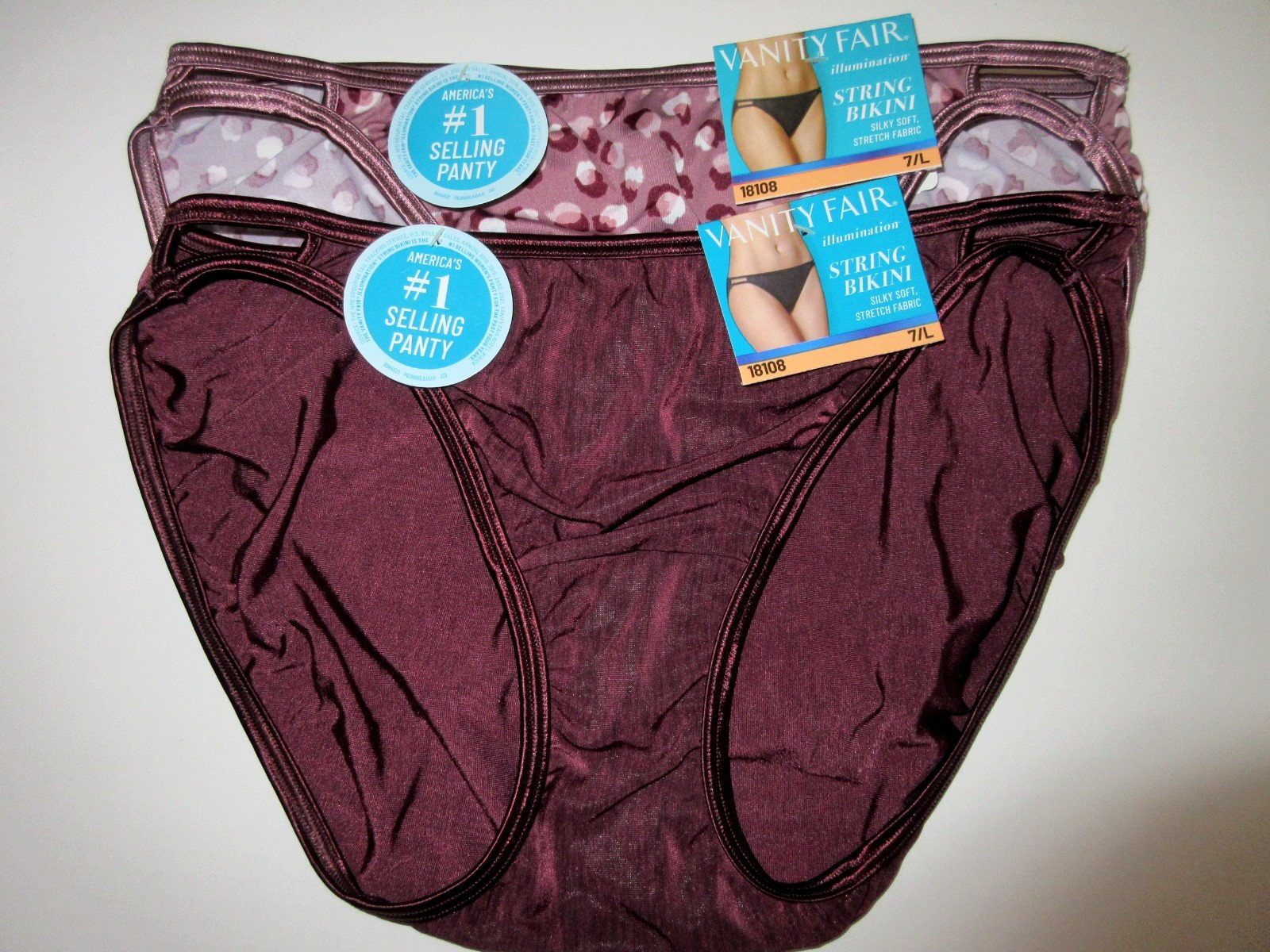 Vanity Fair 2-Pair String BIKINI Illumination body shine Panties 18108 Wine~ 7/L