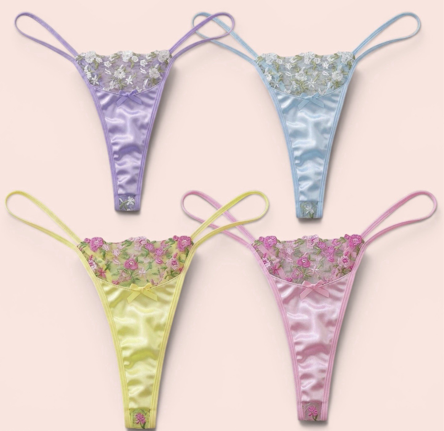 4pr Vtg Styl 2nd Skin Satin Floral Embroidered V-String Thong Panties M NEW