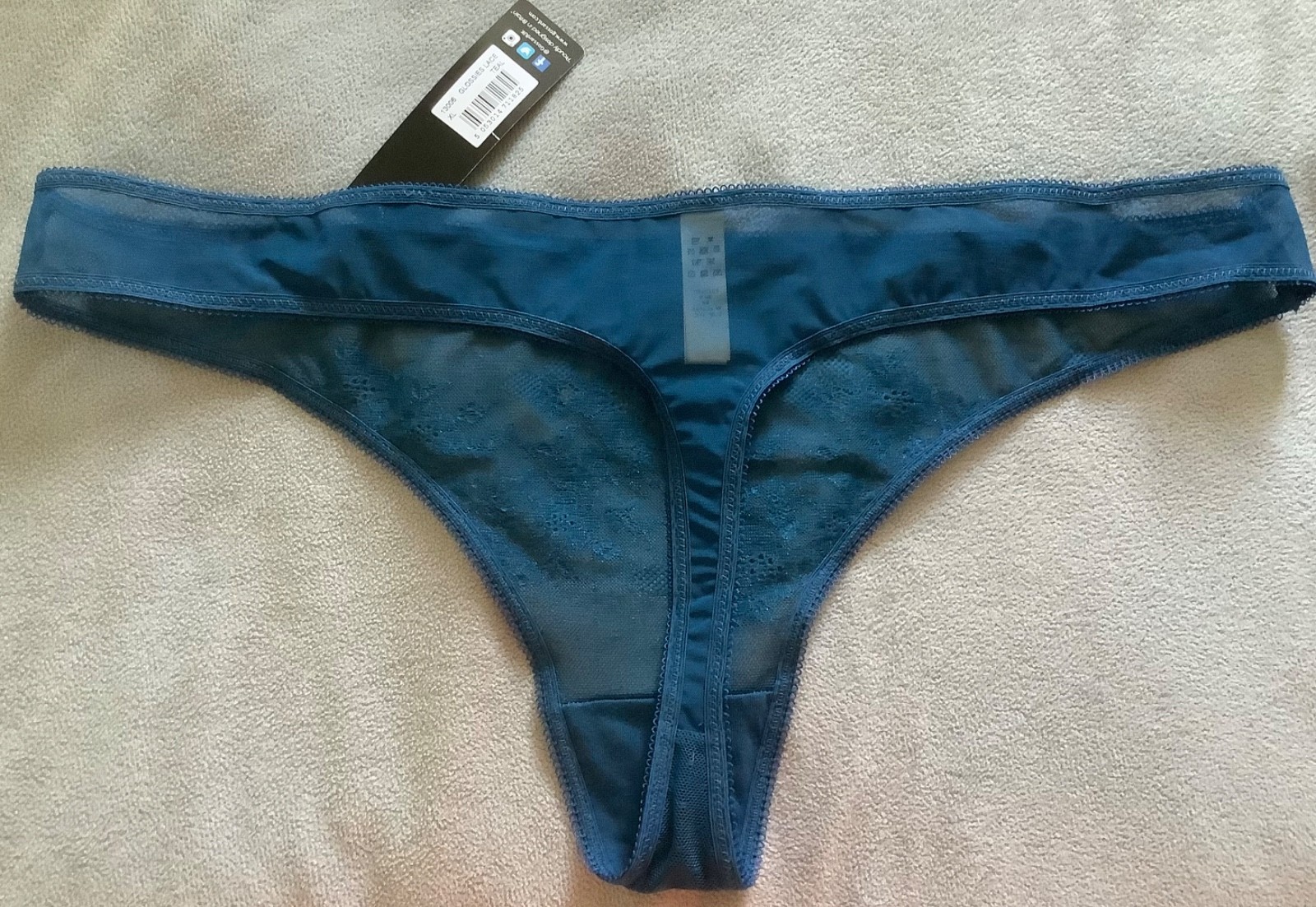 Gossard Glossies – Teal Blue Mesh & Lace Thong Size XL – BNWT