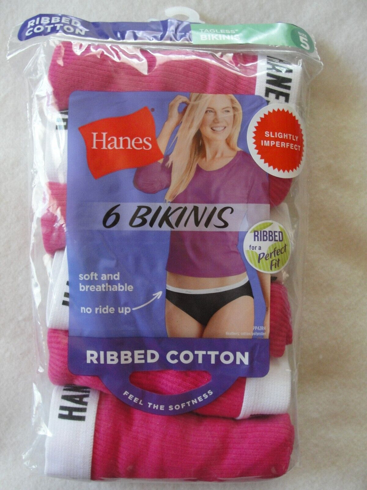 6 Pair Womens Hanes Ribbed Cotton Bikini Panties – Size 5 (S) – New in Package