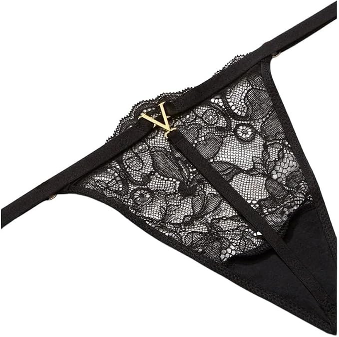 Victoria’s Secret NEW Black Lace VString Thong Gold Accent Sheer Floral XL Women