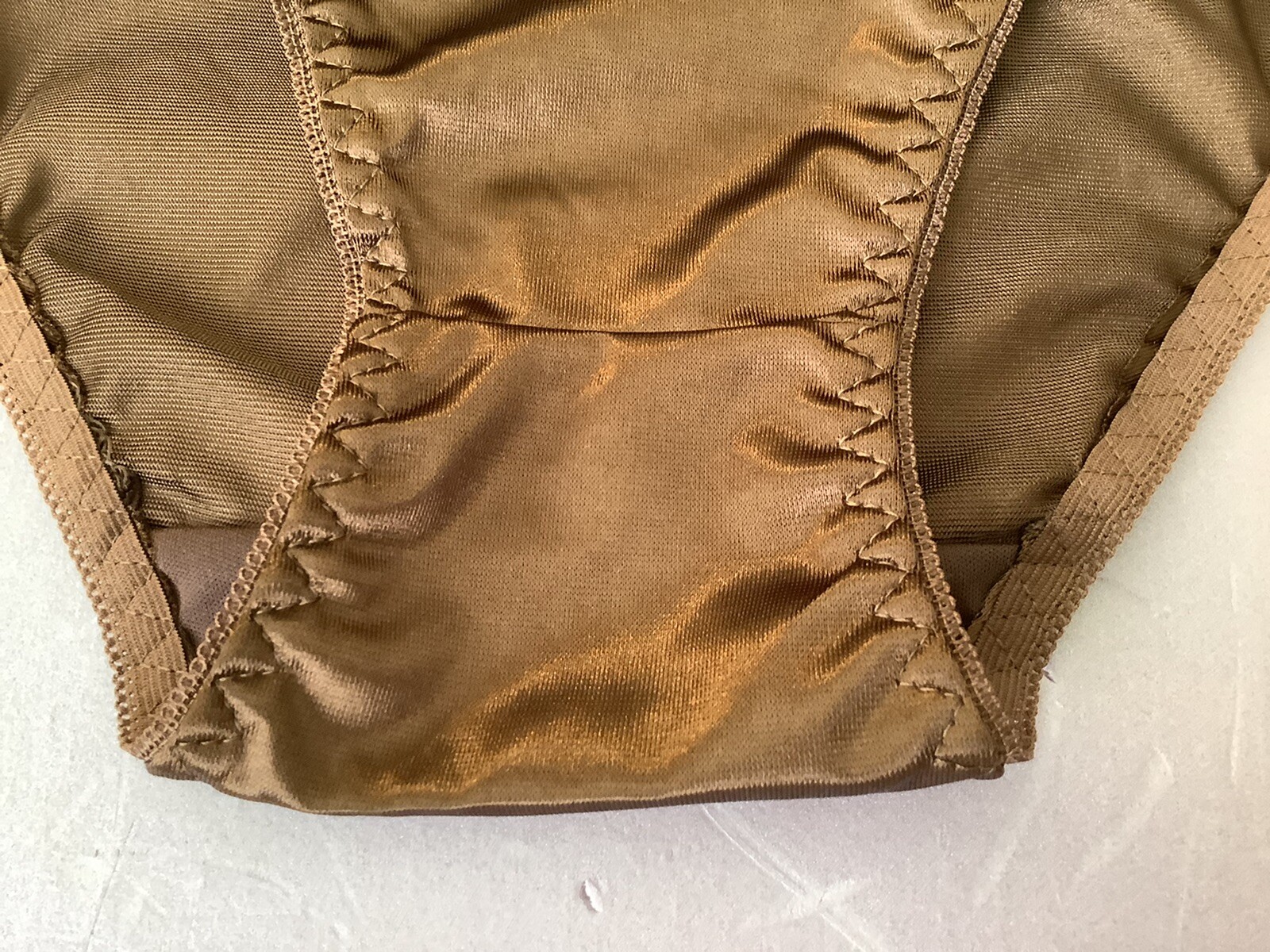 Women Panties Bikinis GRACE Size L. Brown Nylon Satin Soft W/Decoration Elastic
