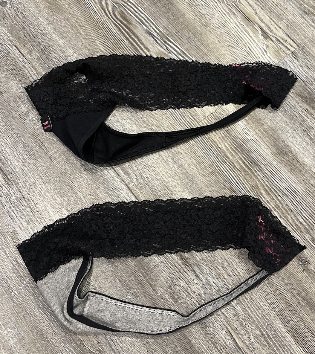 NWT La Senza Women’s Solid Black / Black & Gray Floral Laced Thongs Set Of 2 XL