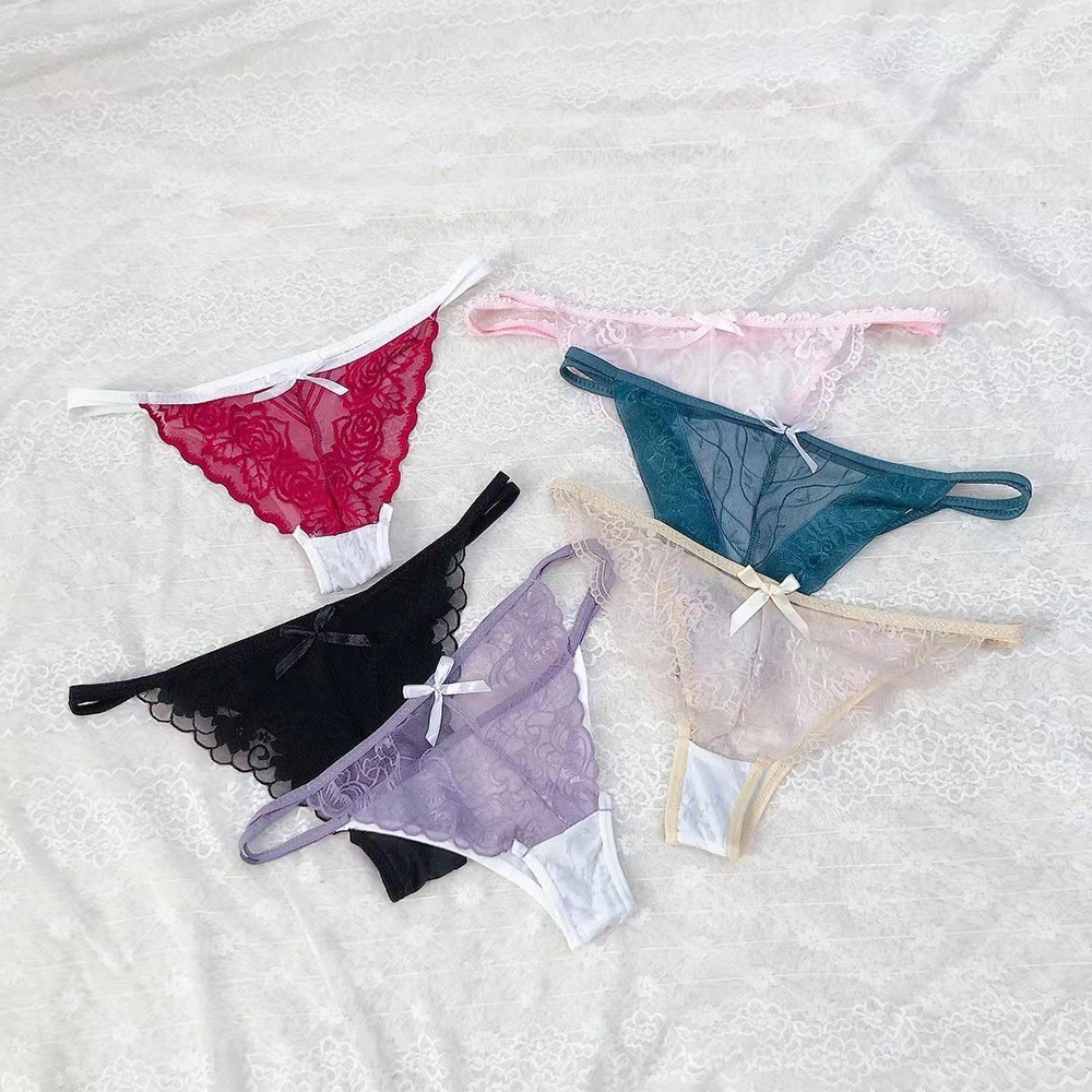 UK Girl Sexy Cute Ice Silk Thong Low Waist Cotton Lace Ladies T-shaped Pan Comfy