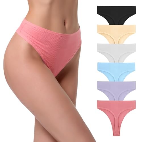High Waist Cotton Thongs Women Cotton Rib Large Bright 6 Pcs-cotton Rib