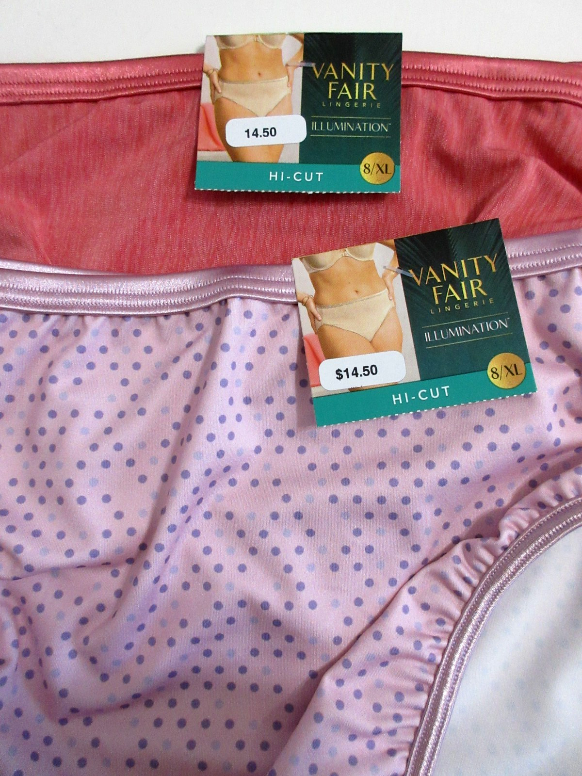 Vanity Fair 2-Pair Body Shine Illumination HI-CUT Brief poly nylon Pink ~ 8/XL