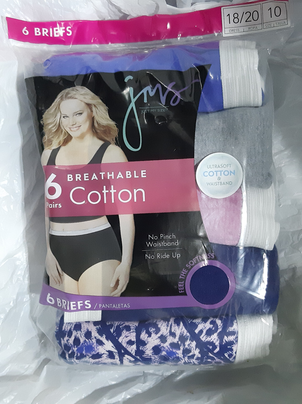 PACK 6 JMS JUST My SIZE WOMEN’S BREATHABLE COTTON BRIEFS SIZE 10 or 18/20