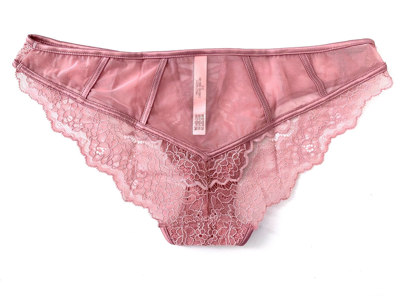 S Victoria Secret Dream Angels Lace & Satin Trim Sheer mesh Cheekini Panty Mauve