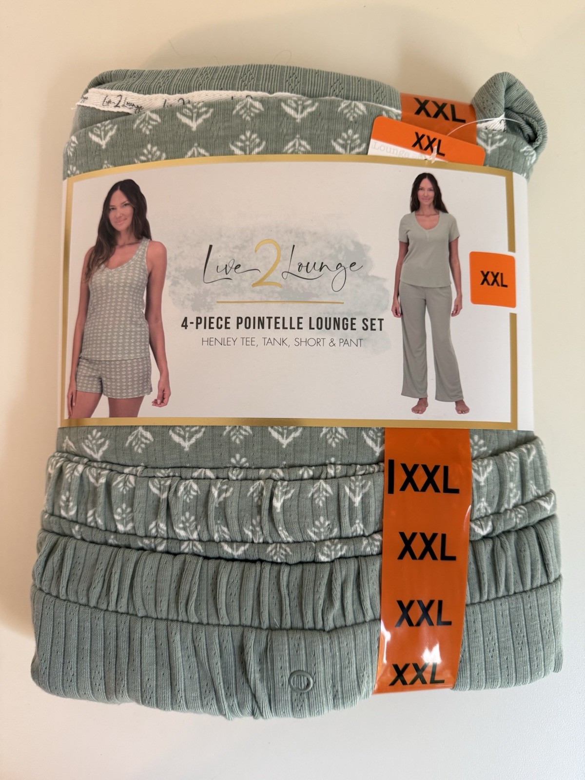 Live 2 Lounge Women’s 4 Piece Pointelle Lounge Wear Pajama Set, Green, XX-Large