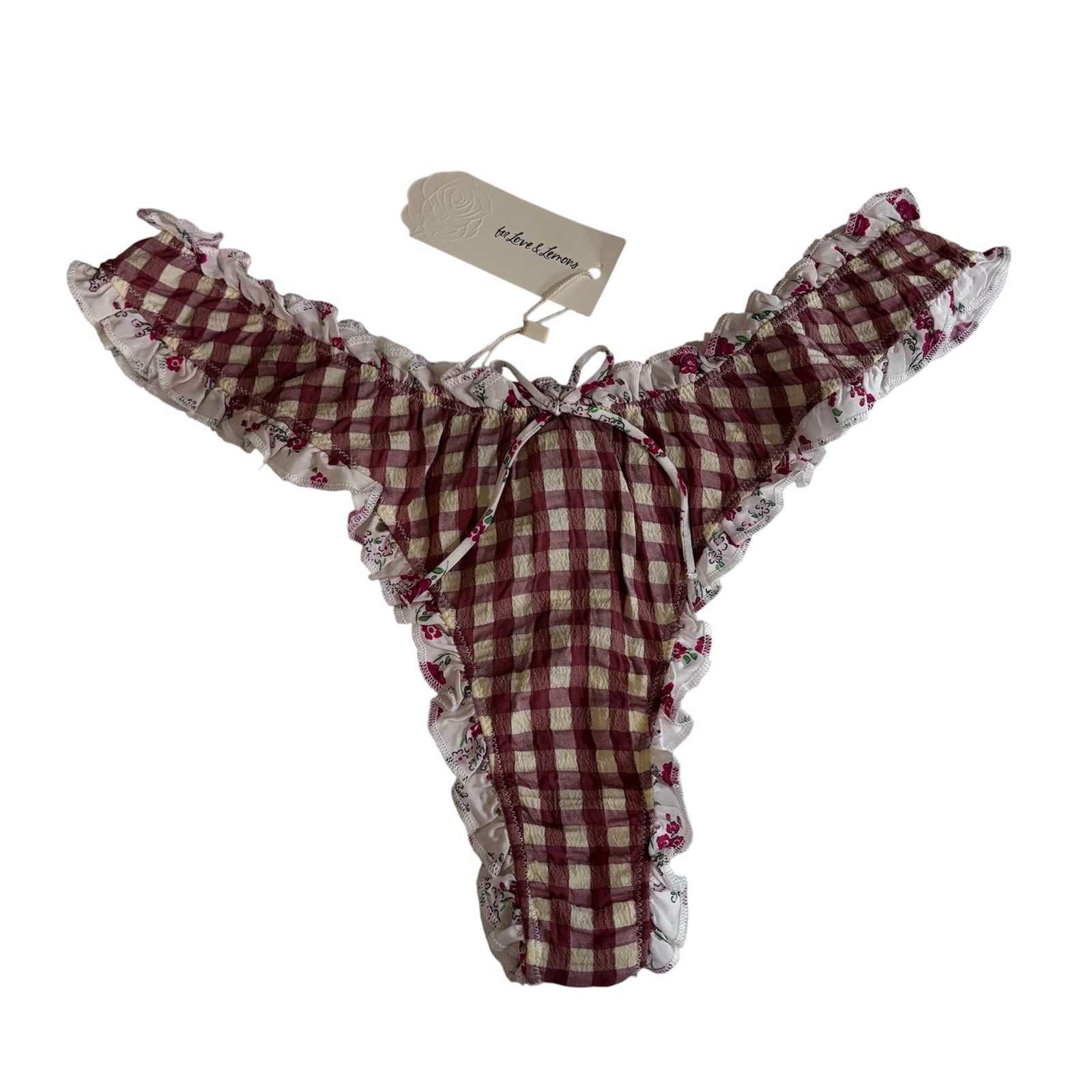 For Love & Lemons Georgia Ruffled Red Gingham Thong NWT Size Medium Floral Bow