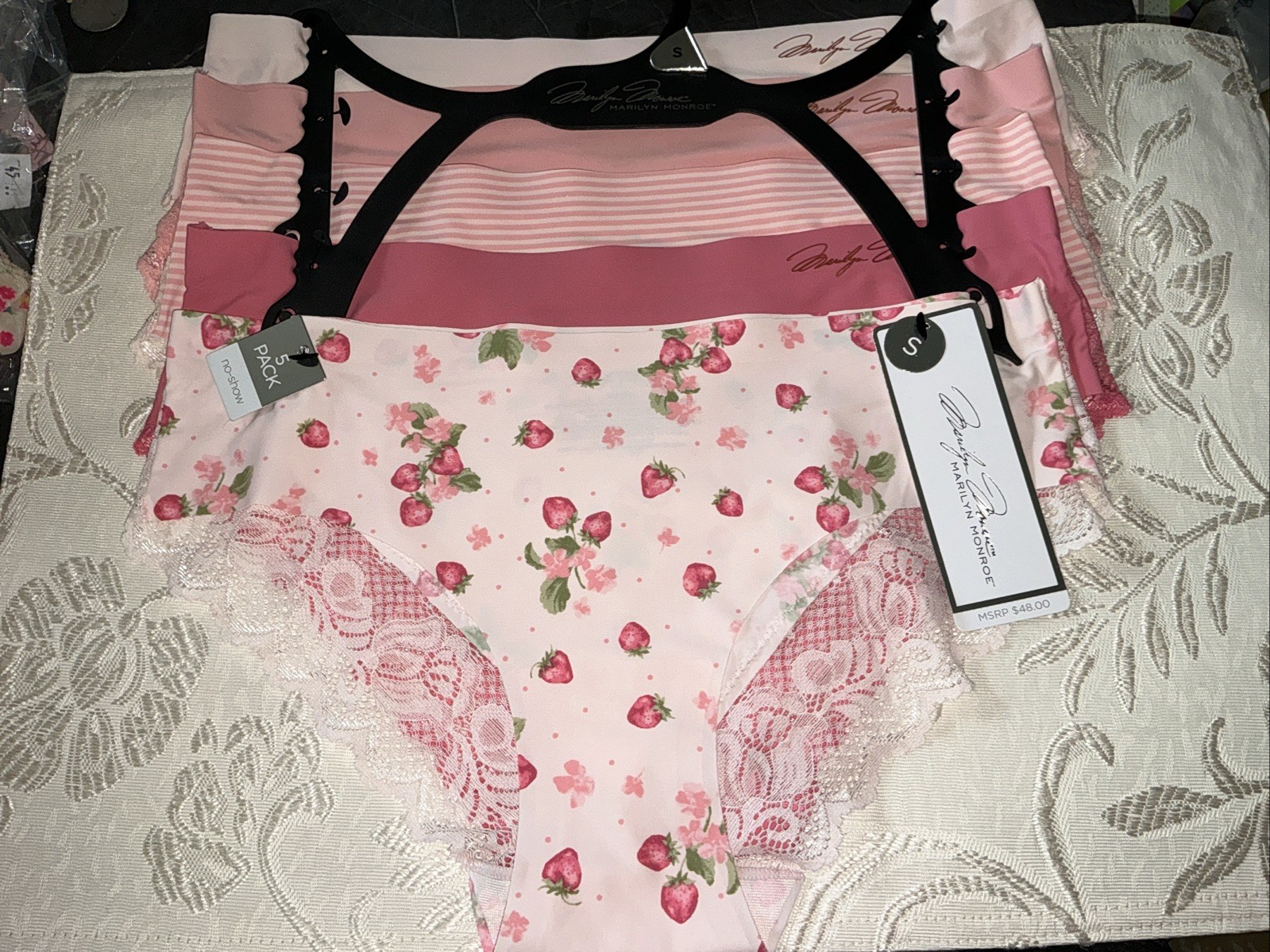 5 Pack MARILYN MONROE Women’s SM No Show Micro Panties Lace Pinks Strawberries