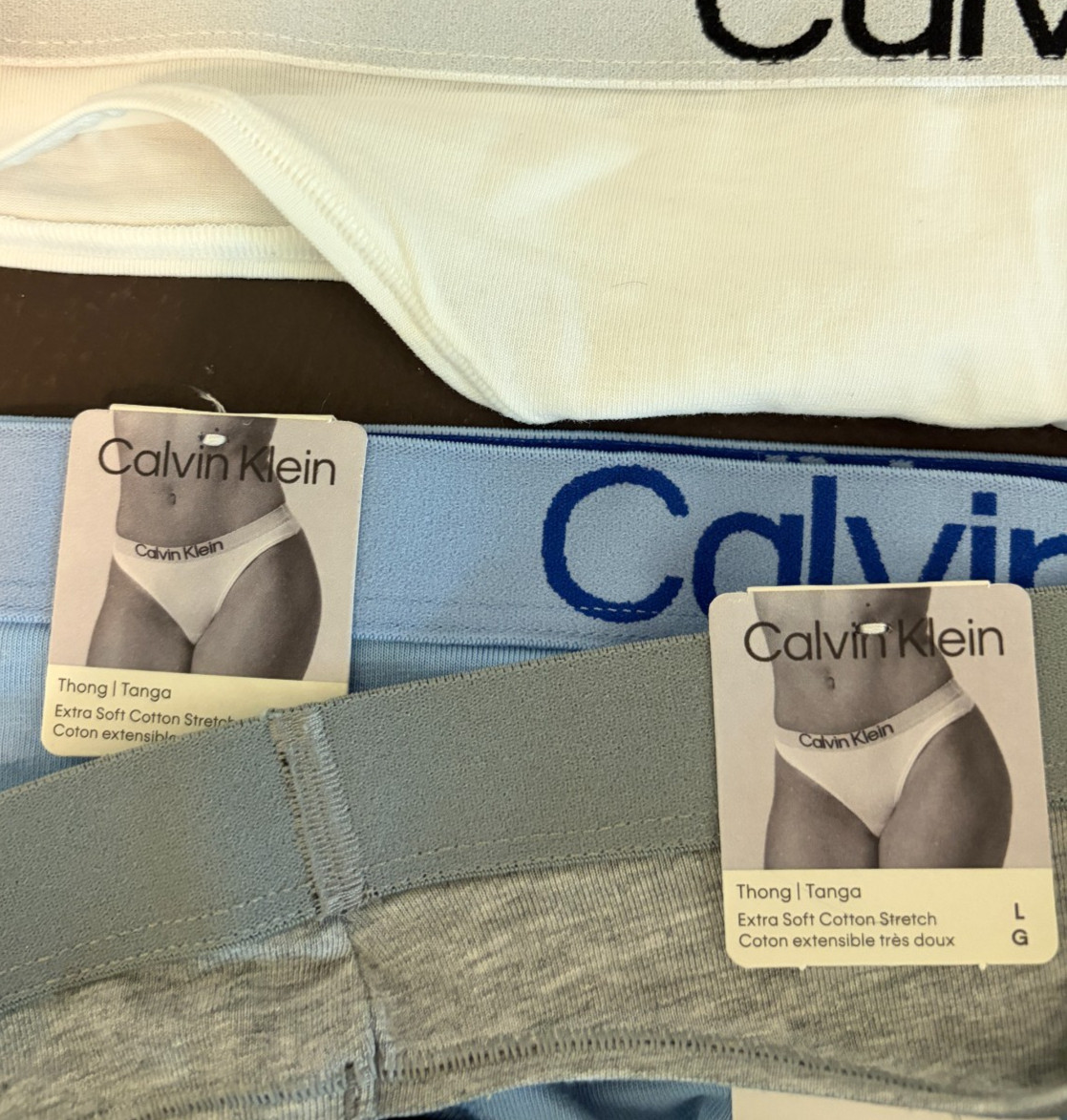 CALVIN KLEIN Womens THONG Panties Blue White Gray Size L NWT