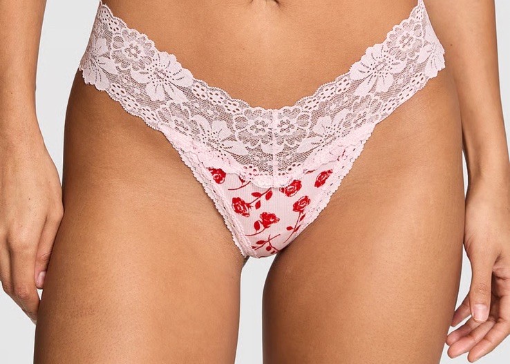💕VICTORIA’S SECRET “PINK” Wink Lace Trim Thong Pink Tulip Rose Large 💕