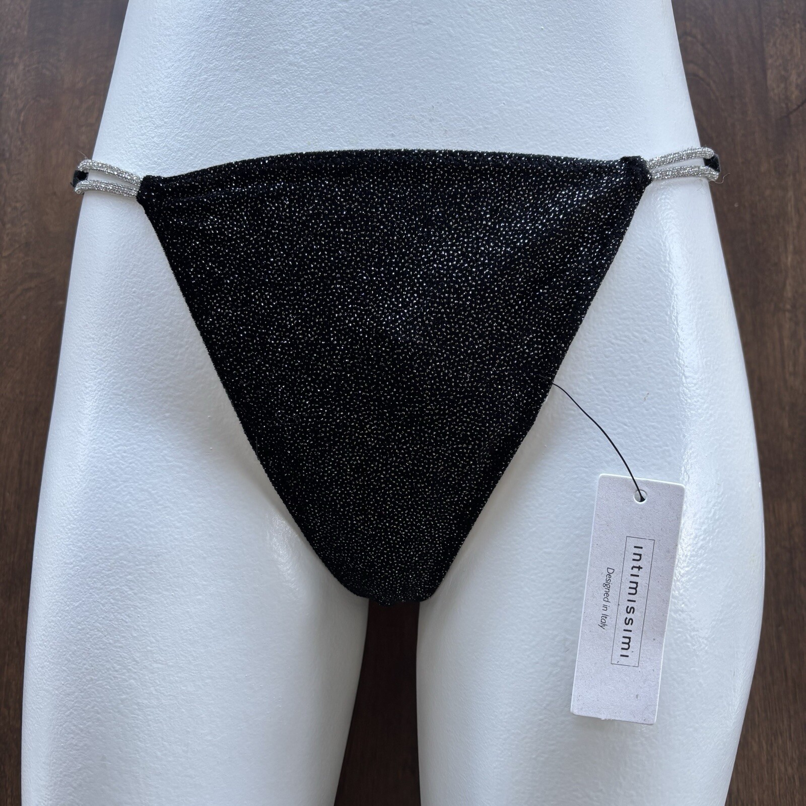 Intimissimi Double Strap Faux Jewel Side Thong Panty OS Black/Sliver Velour Feel