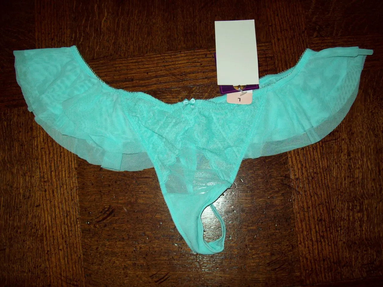 NWT SAKI SILVER NYLON SPANDEX THONG PANTIES w RUFFLE 121032 ARUBA BLUE S