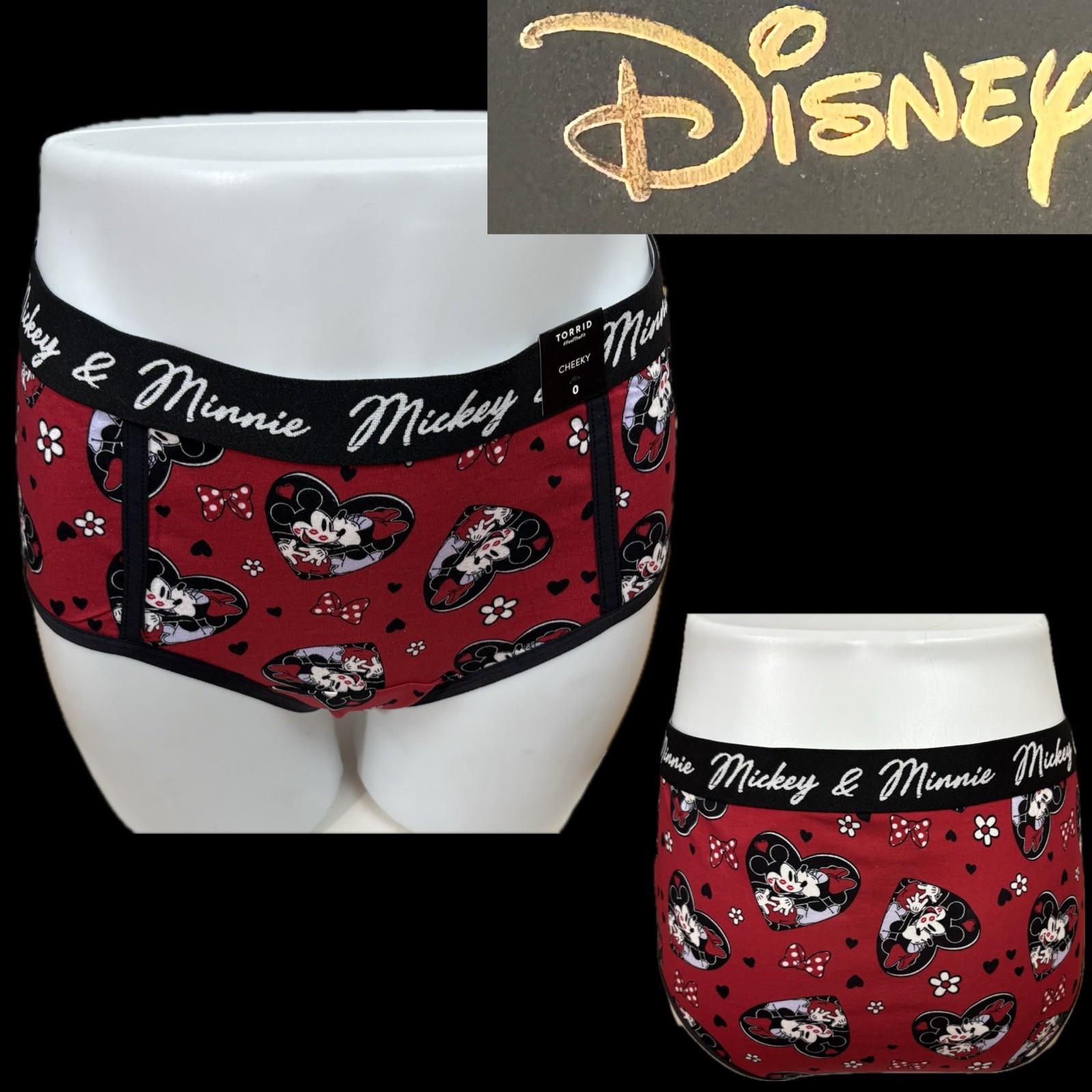 Disney +2 Logo Red/Black Mickey & Minnie Mouse Heart Graphic Cheeky Panties