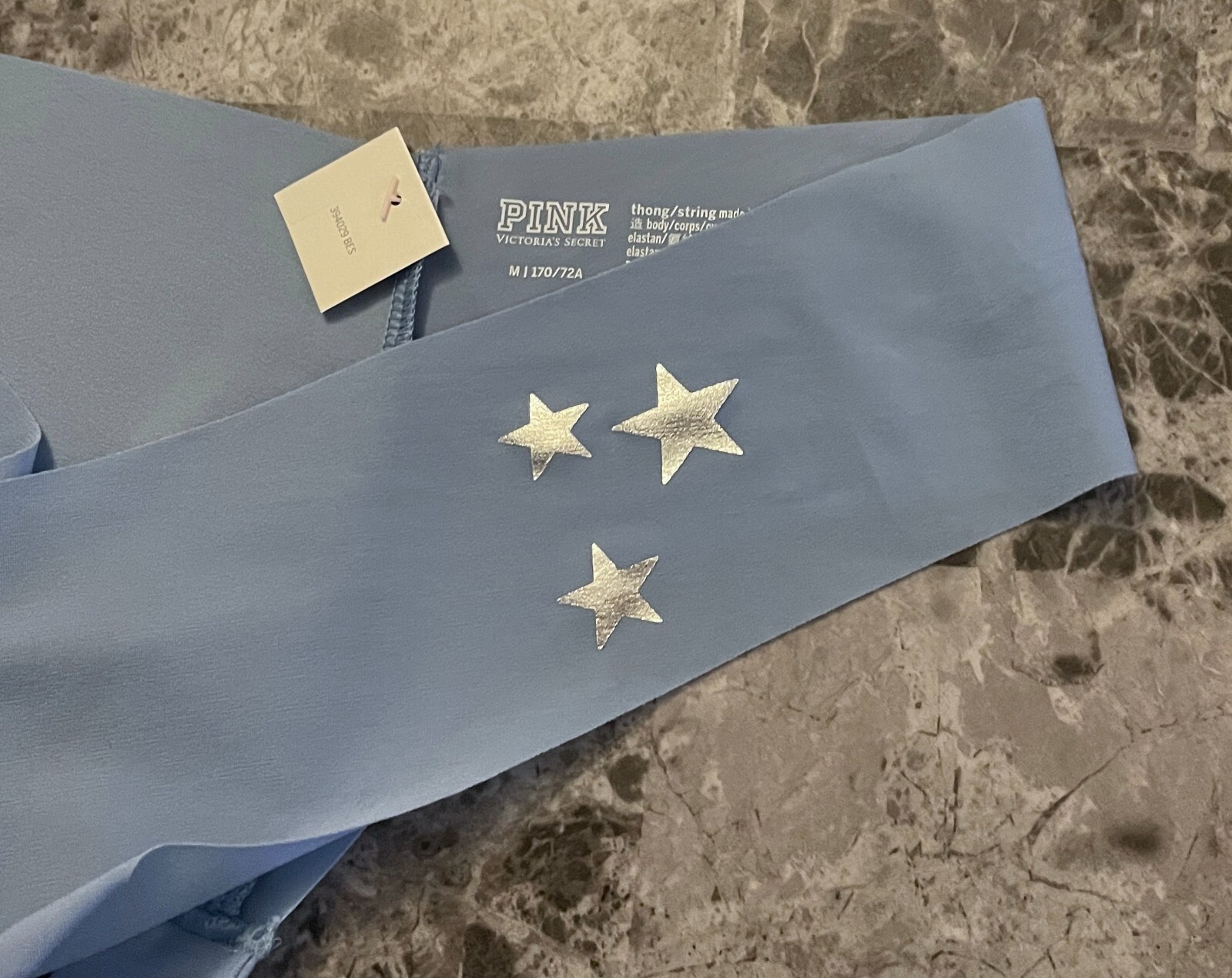 NWT VICTORIA’S SECRET PINK MEDIUM BLUE SILVER STAR RARE NO SHOW THONG PANTIES