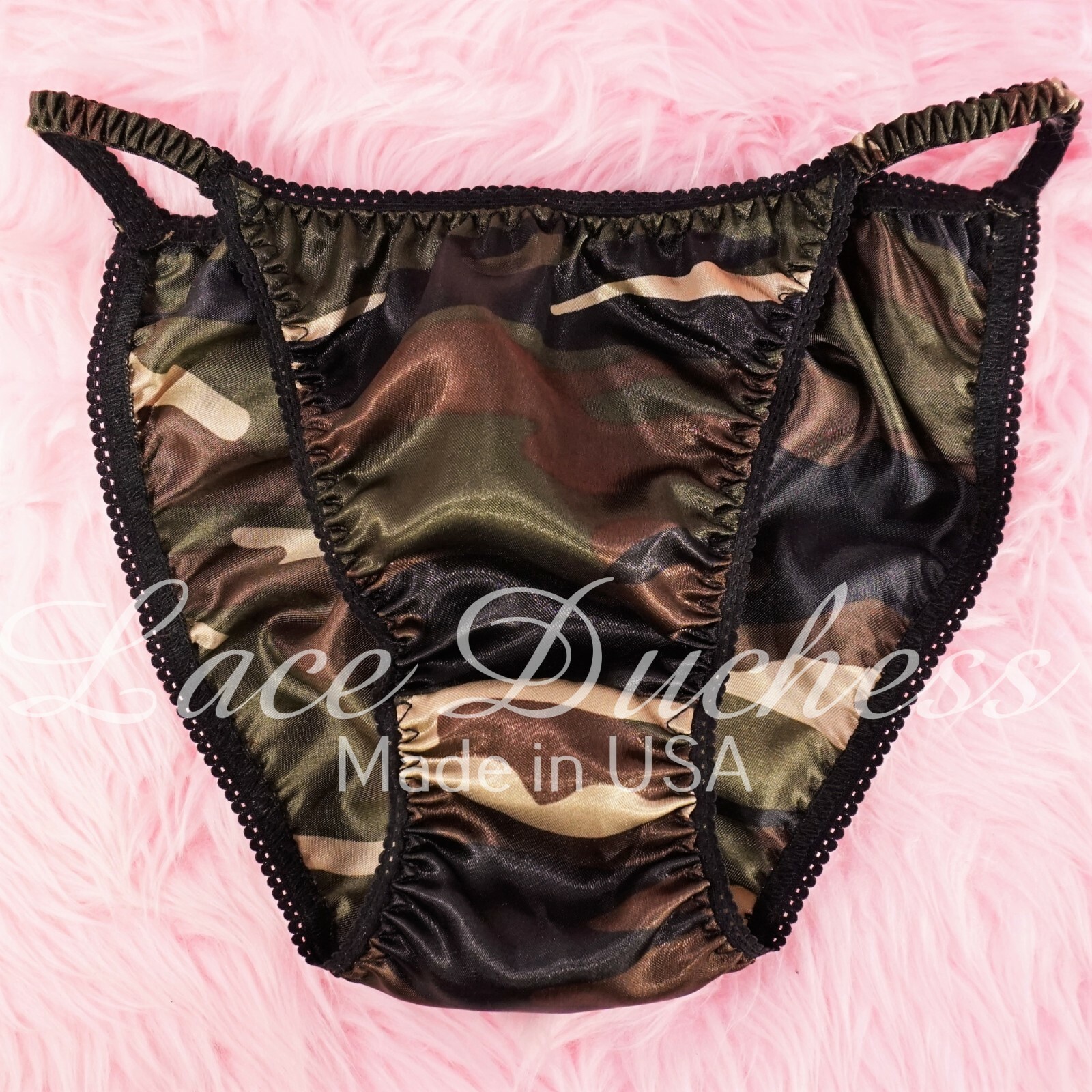 VTG Sissy Camo print Silky Satin Shiny string bikini Panties Mens and Womens!