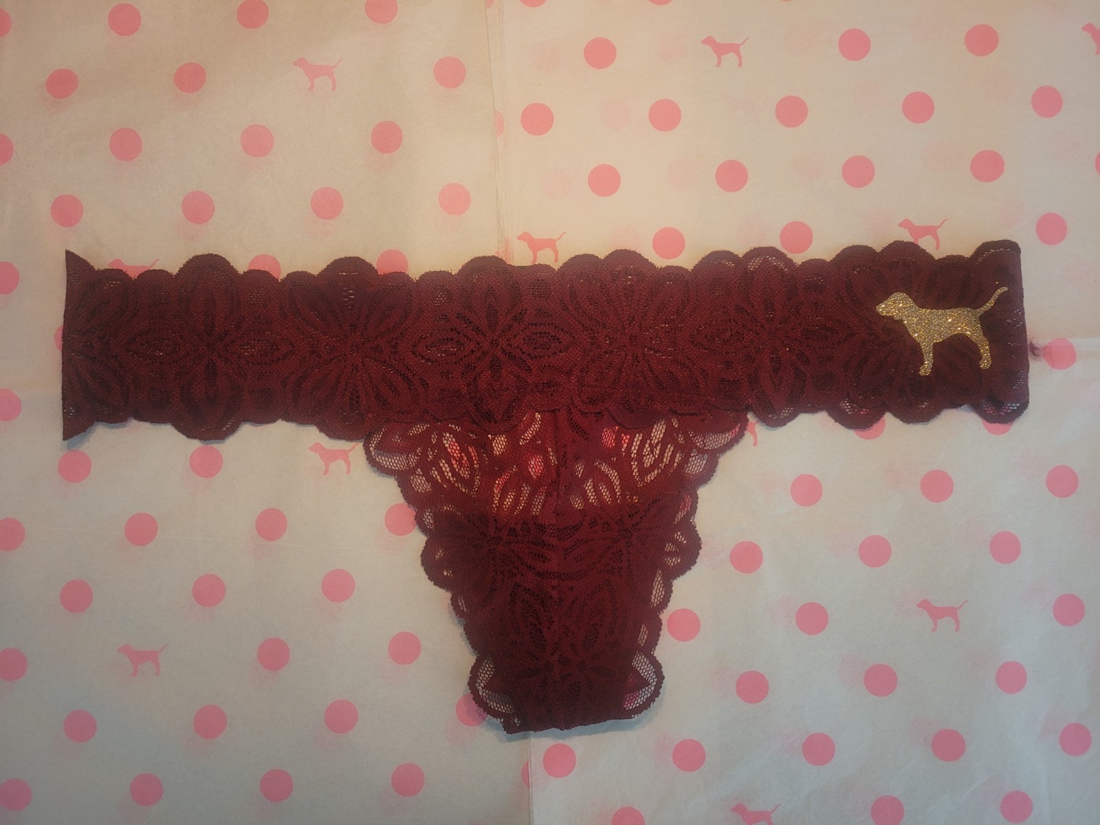 NWT Victoria’s Secret PINK ALL Over Lace Thong Panty – Black Cherry Bling – M