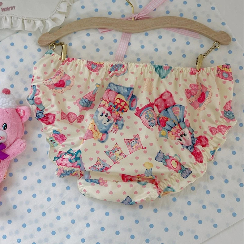 Cartoon Print Panties Mid Rise Bow Ruffle Breathable Women’s Underwear
