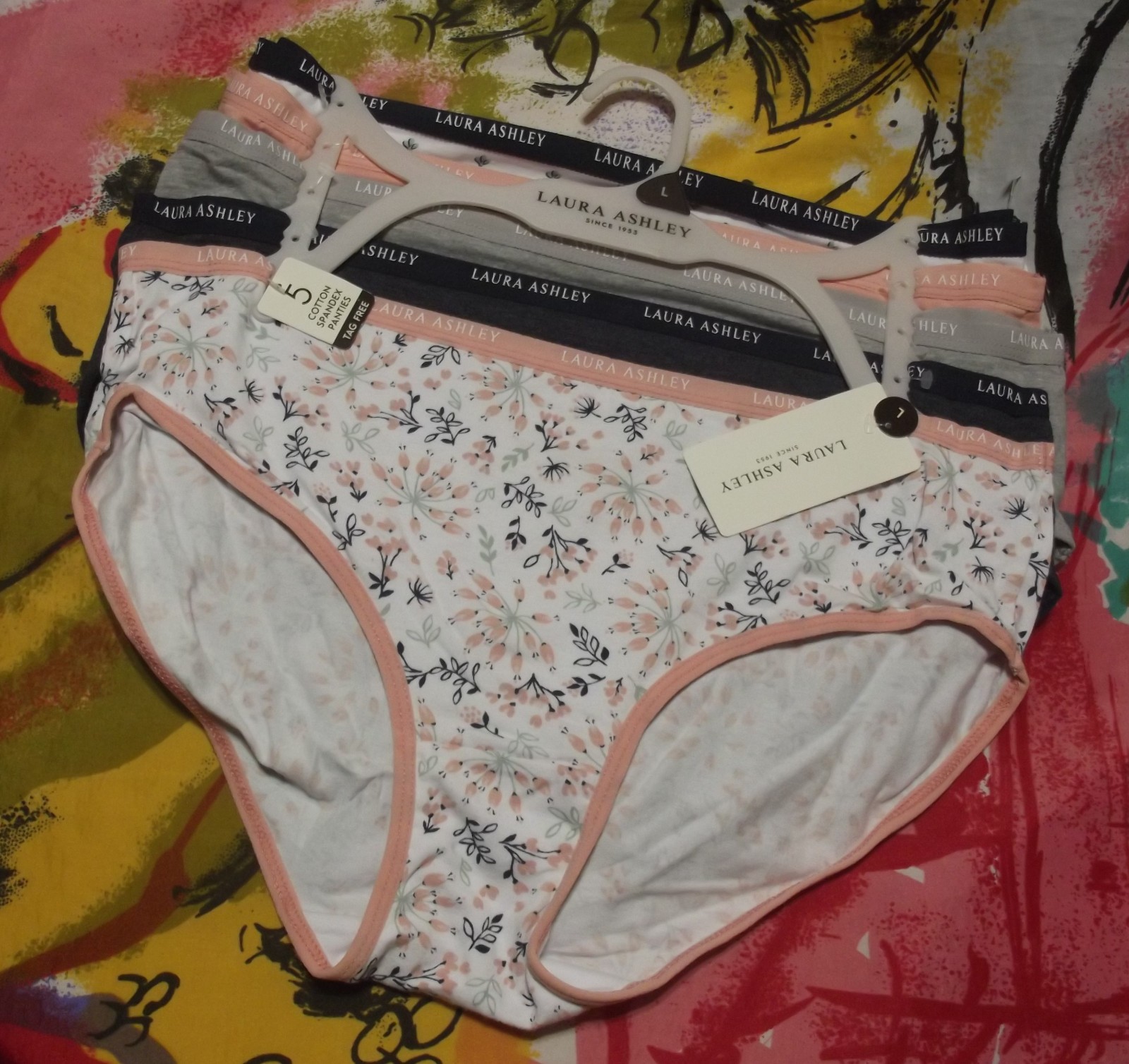 5 NEW LAURA ASHLEY LS9540 5PKHW SIGNATURE WAISTBANDS COTTON HIPSTER PANTIES L
