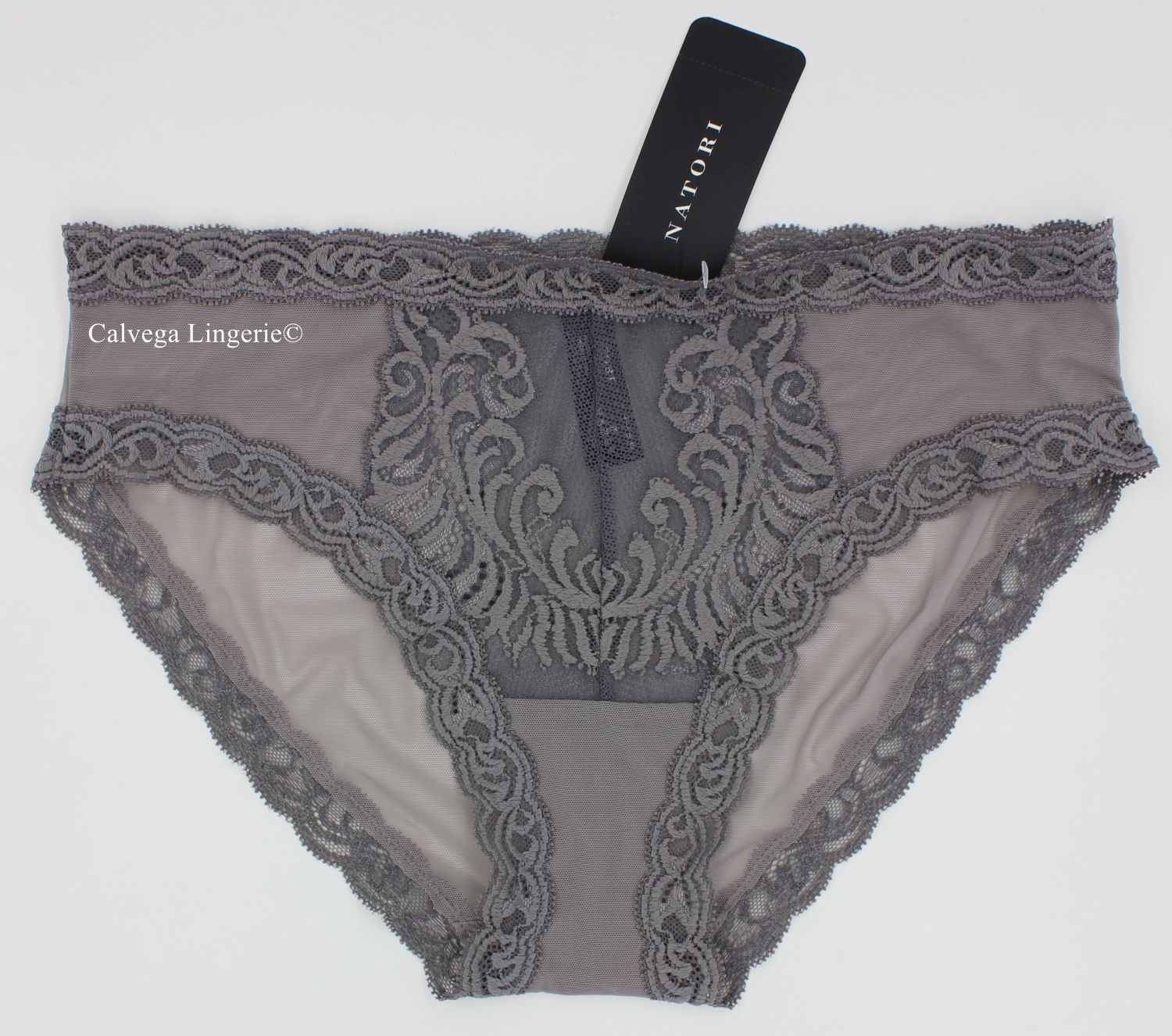 NWT NATORI 753023 “Feathers” Mesh w/Lace Hipster Panty, Gray (“Nickel”)